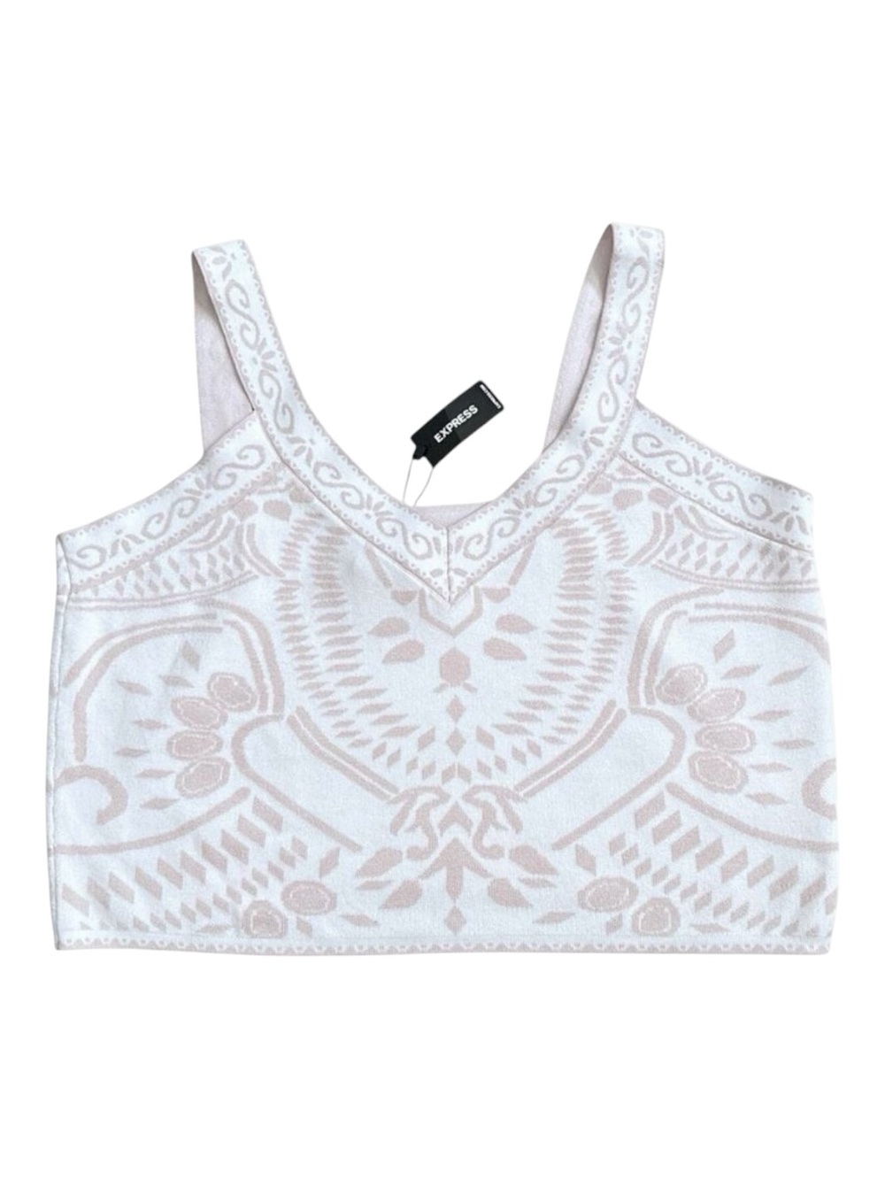 Express Crop Tank Top Women's XL Sleeveless Stretch Knit V-Neck NWT Beige White